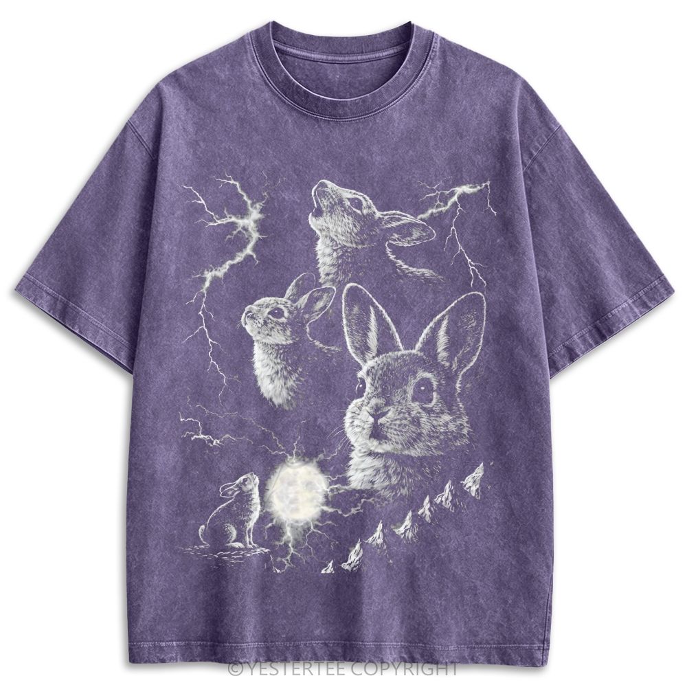 Stormy Mountain Rabbit Moon Retro Washed T-shirt