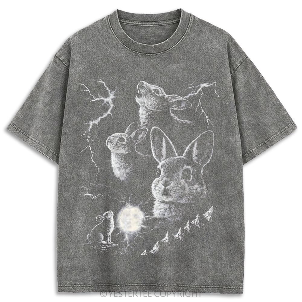 Stormy Mountain Rabbit Moon Retro Washed T-shirt