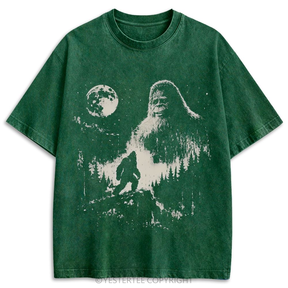 Bigfoot Forest Full Moon Grunge Retro Washed T-shirt 