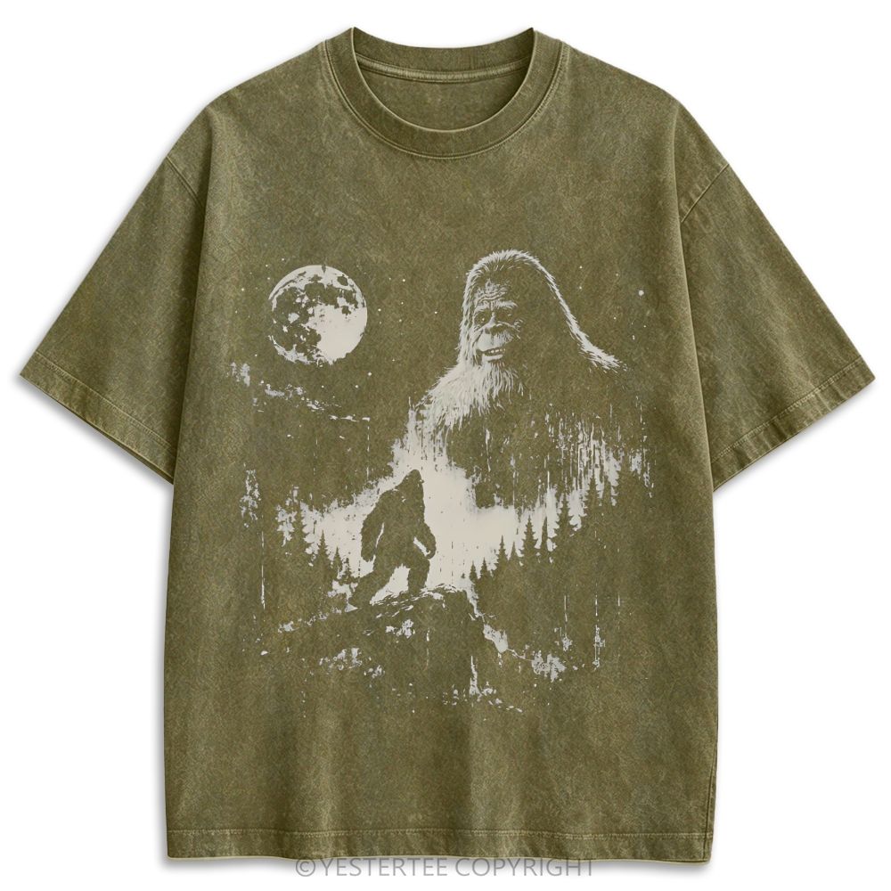 Bigfoot Forest Full Moon Grunge Retro Washed T-shirt 