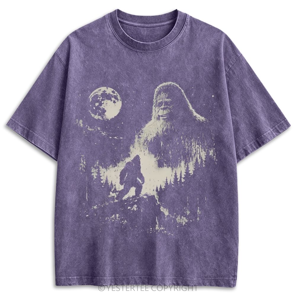 Bigfoot Forest Full Moon Grunge Retro Washed T-shirt 