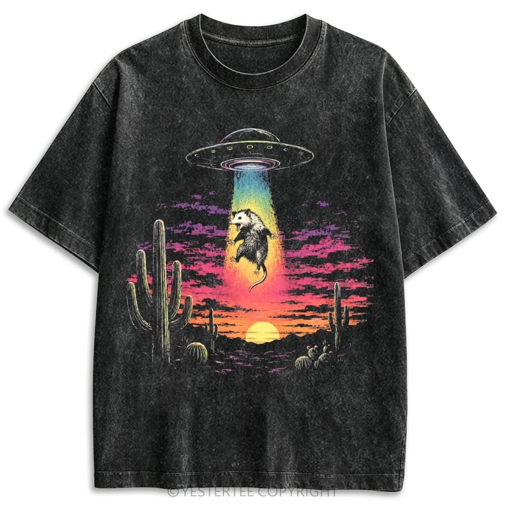 UFO Abducting Opossum Desert Sunset Retro Washed T-shirt