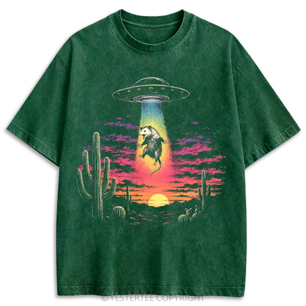 UFO Abducting Opossum Desert Sunset Retro Washed T-shirt