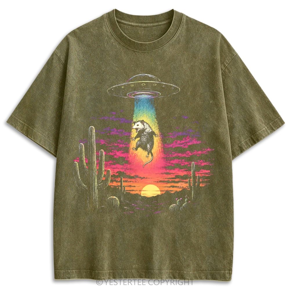 UFO Abducting Opossum Desert Sunset Retro Washed T-shirt