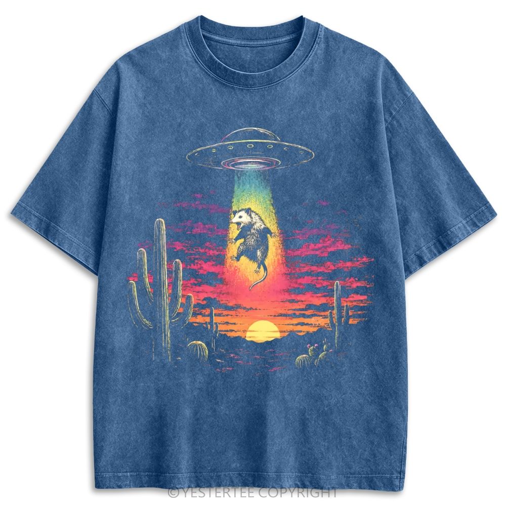 UFO Abducting Opossum Desert Sunset Retro Washed T-shirt