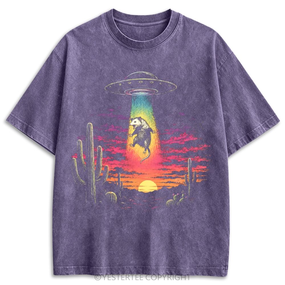 UFO Abducting Opossum Desert Sunset Retro Washed T-shirt