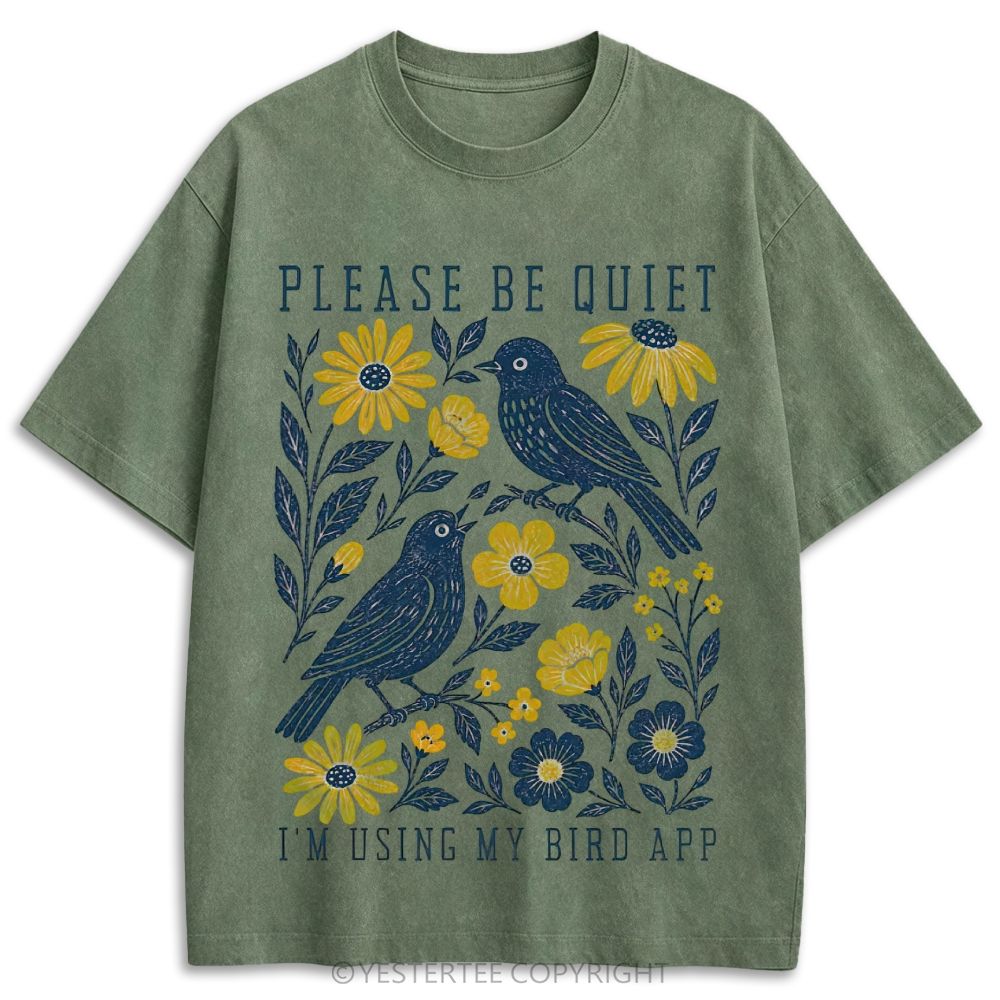 Please Be Quiet I'm Using My Bird App Floral Cream Retro Washed T-shirt