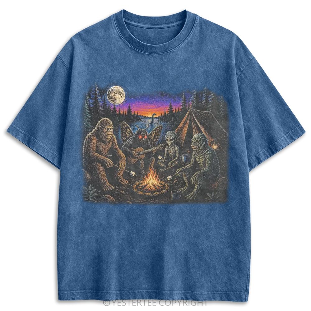 Cryptid Campfire Bigfoot Mothman Alien Retro Washed T-shirt