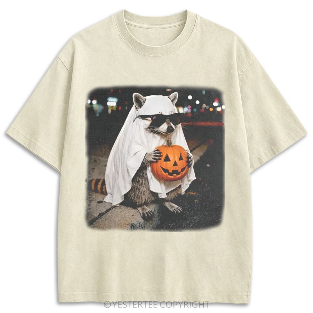 Ghost Raccoon With Pumpkin Sunglasses Retro Washed T-shirt