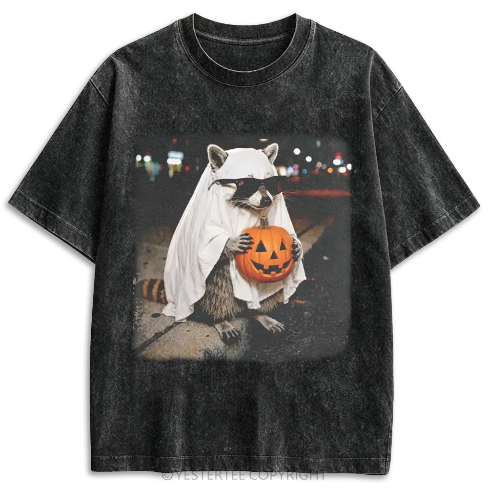 Ghost Raccoon With Pumpkin Sunglasses Retro Washed T-shirt