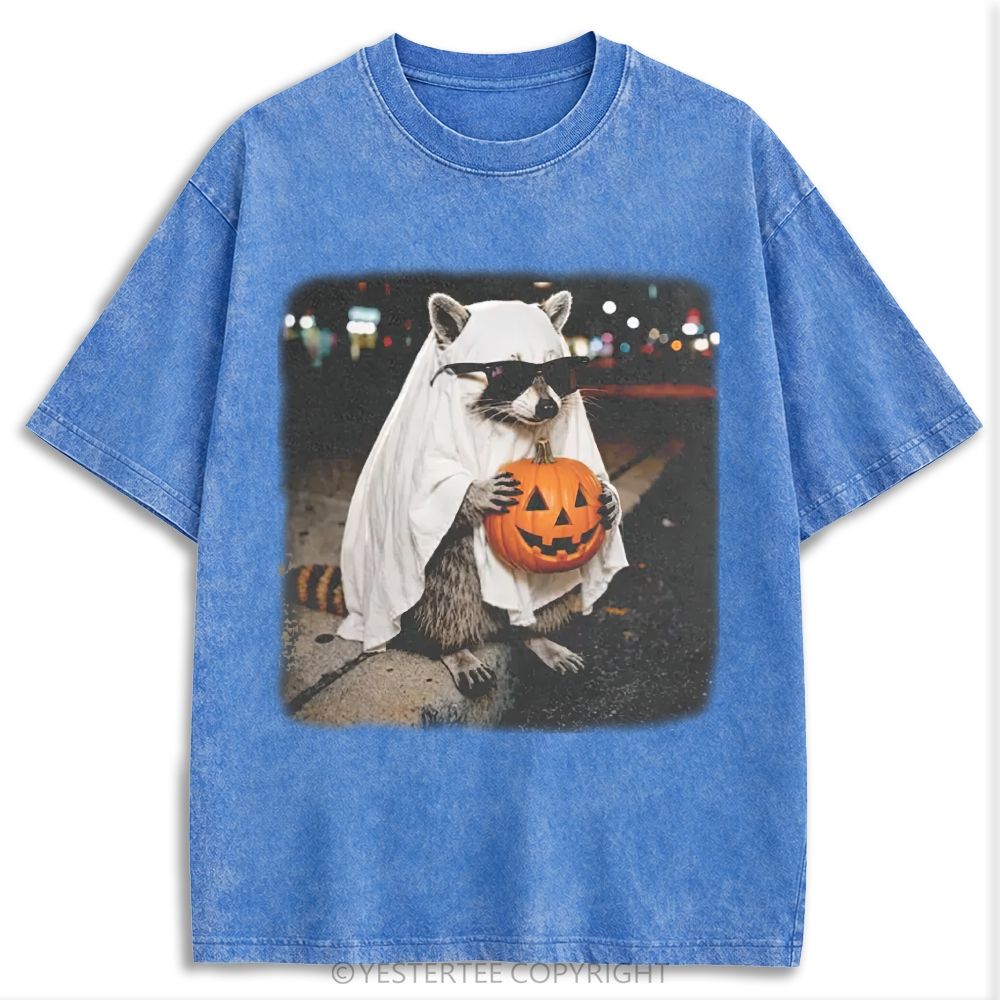 Ghost Raccoon With Pumpkin Sunglasses Retro Washed T-shirt