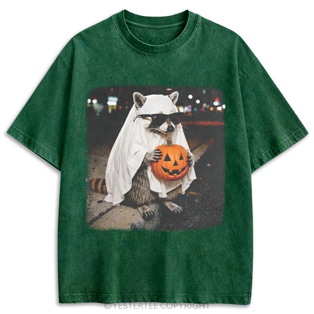 Ghost Raccoon With Pumpkin Sunglasses Retro Washed T-shirt
