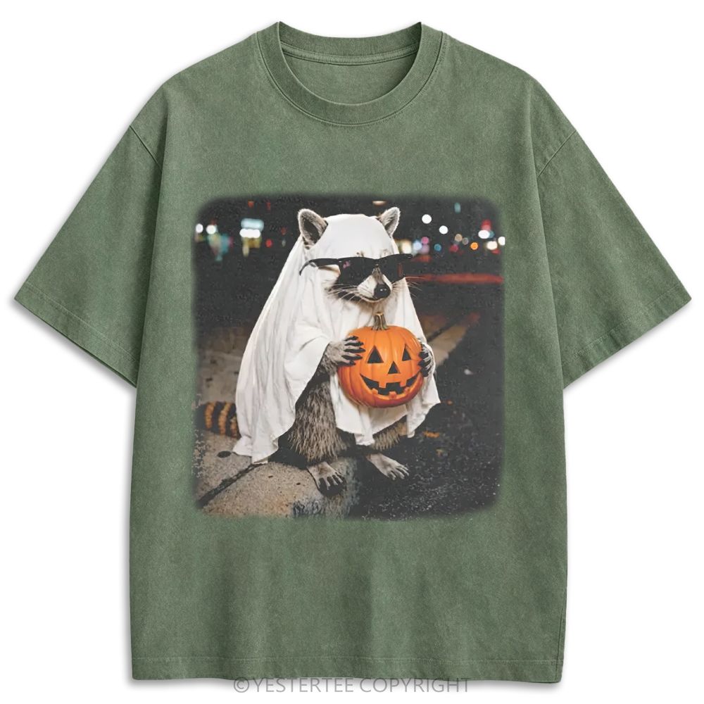 Ghost Raccoon With Pumpkin Sunglasses Retro Washed T-shirt
