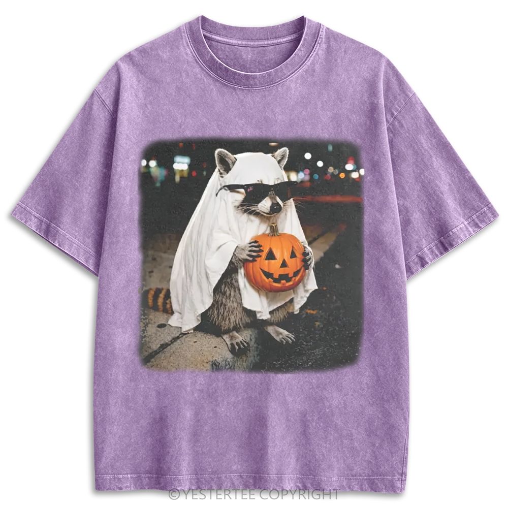 Ghost Raccoon With Pumpkin Sunglasses Retro Washed T-shirt