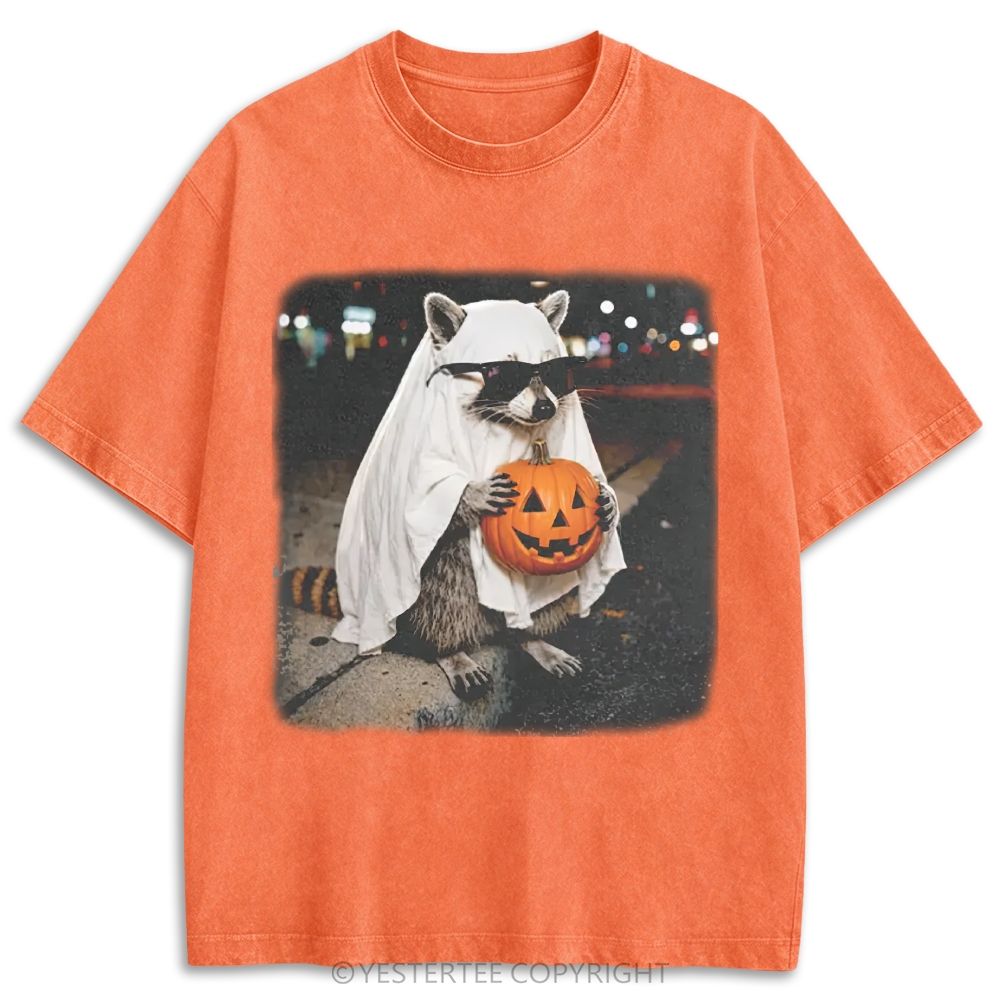 Ghost Raccoon With Pumpkin Sunglasses Retro Washed T-shirt