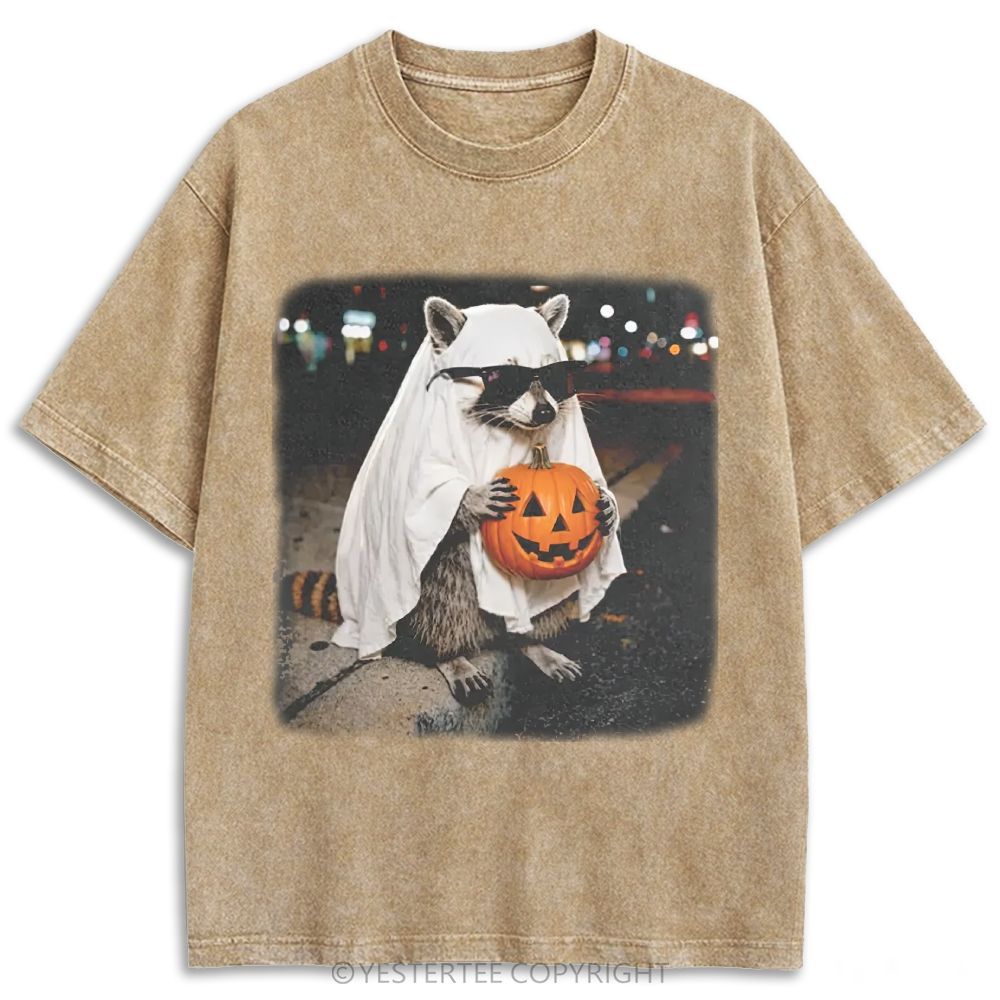 Ghost Raccoon With Pumpkin Sunglasses Retro Washed T-shirt