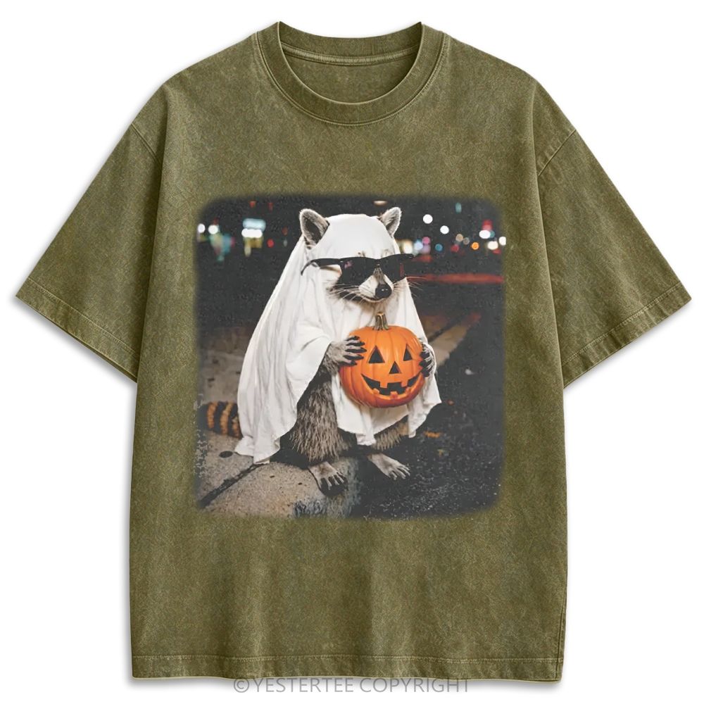 Ghost Raccoon With Pumpkin Sunglasses Retro Washed T-shirt