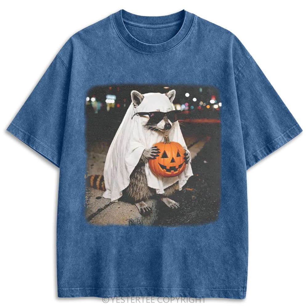 Ghost Raccoon With Pumpkin Sunglasses Retro Washed T-shirt