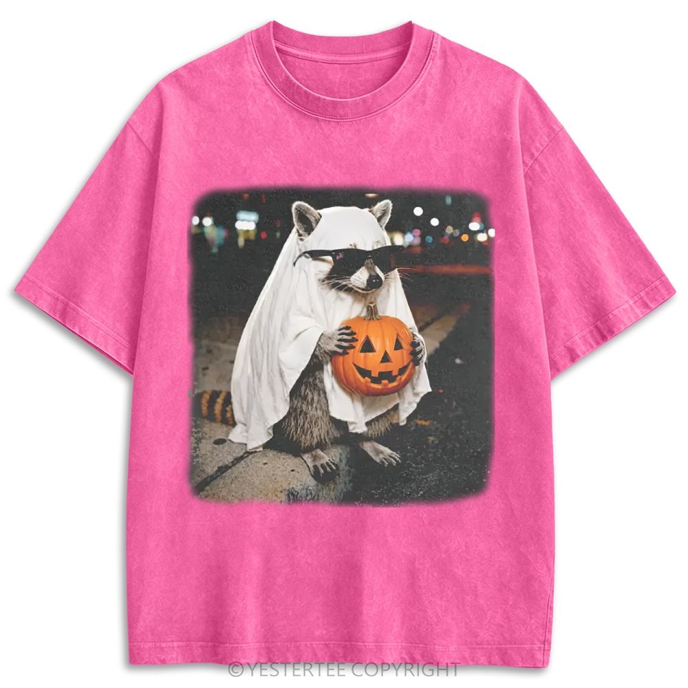 Ghost Raccoon With Pumpkin Sunglasses Retro Washed T-shirt
