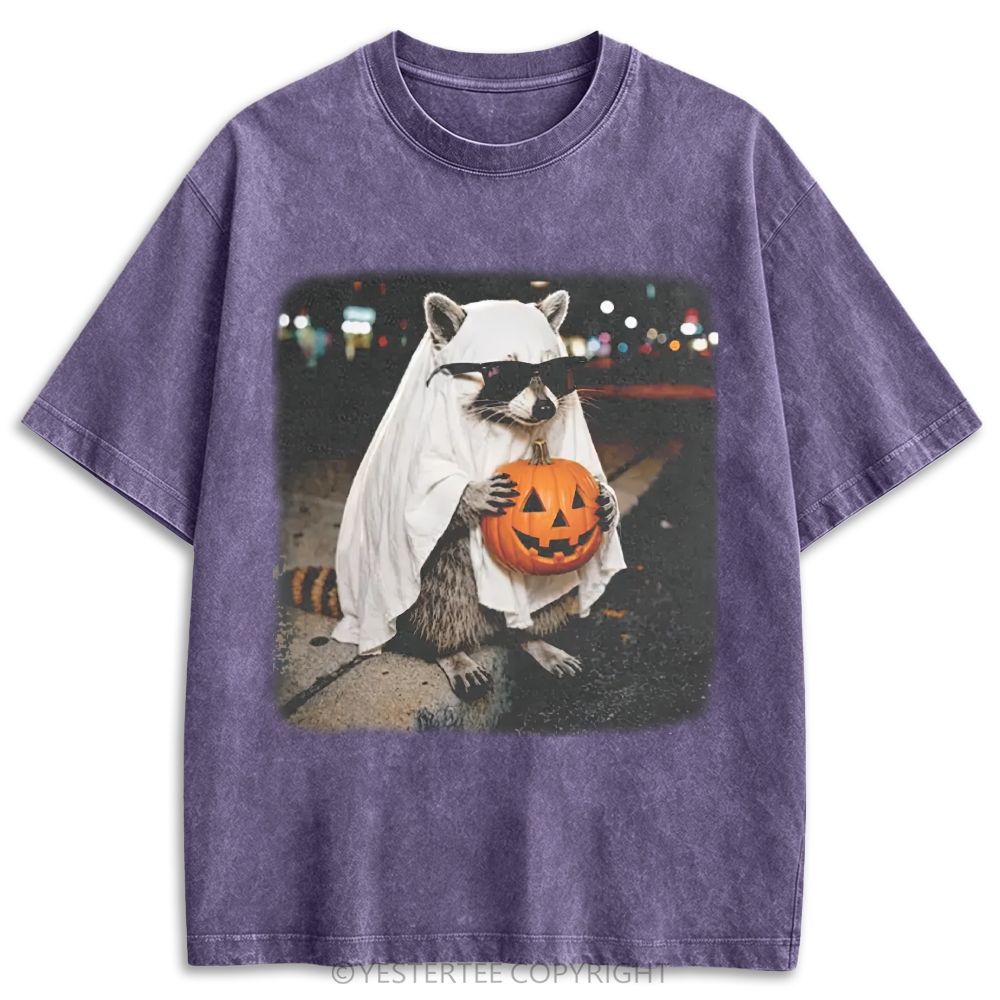 Ghost Raccoon With Pumpkin Sunglasses Retro Washed T-shirt