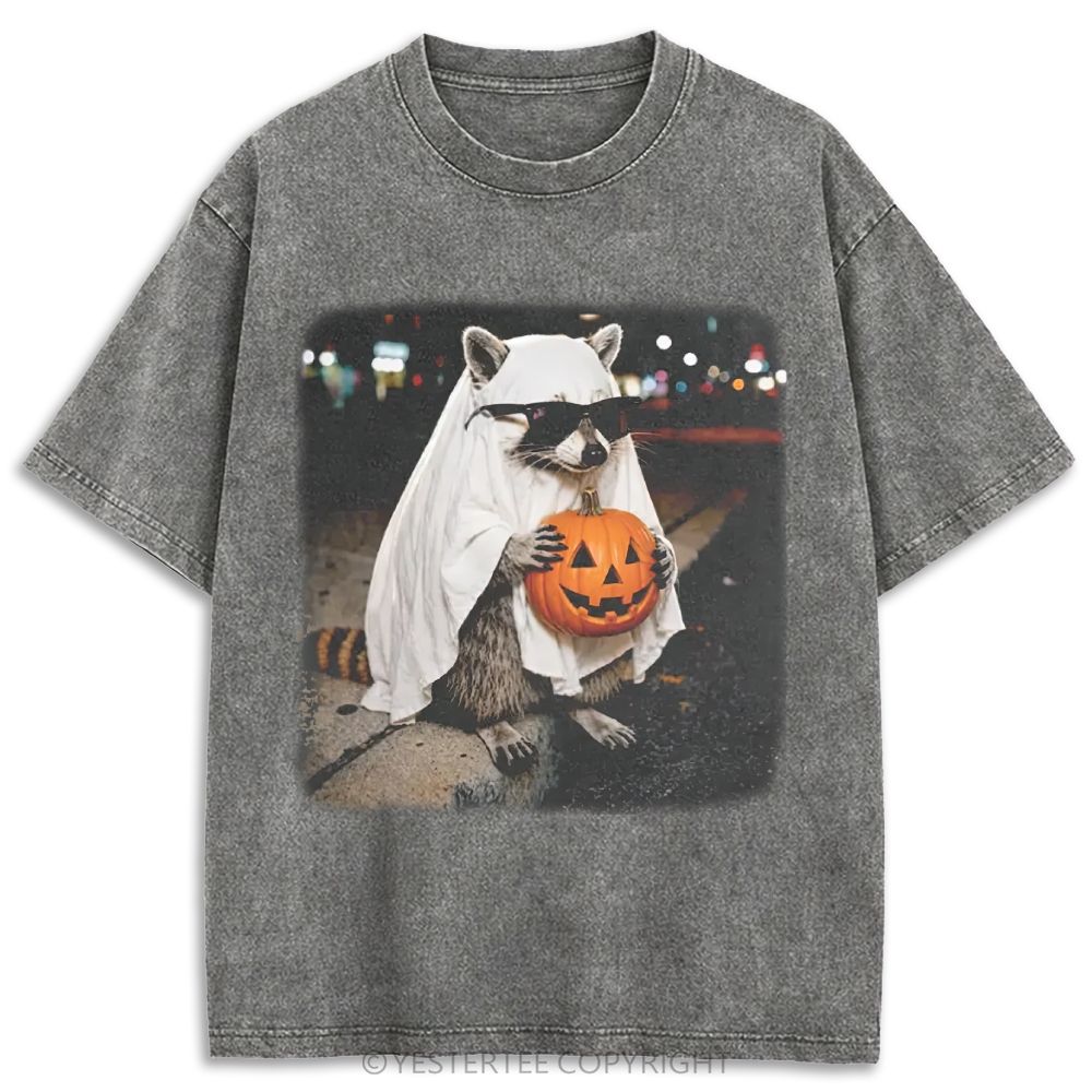 Ghost Raccoon With Pumpkin Sunglasses Retro Washed T-shirt