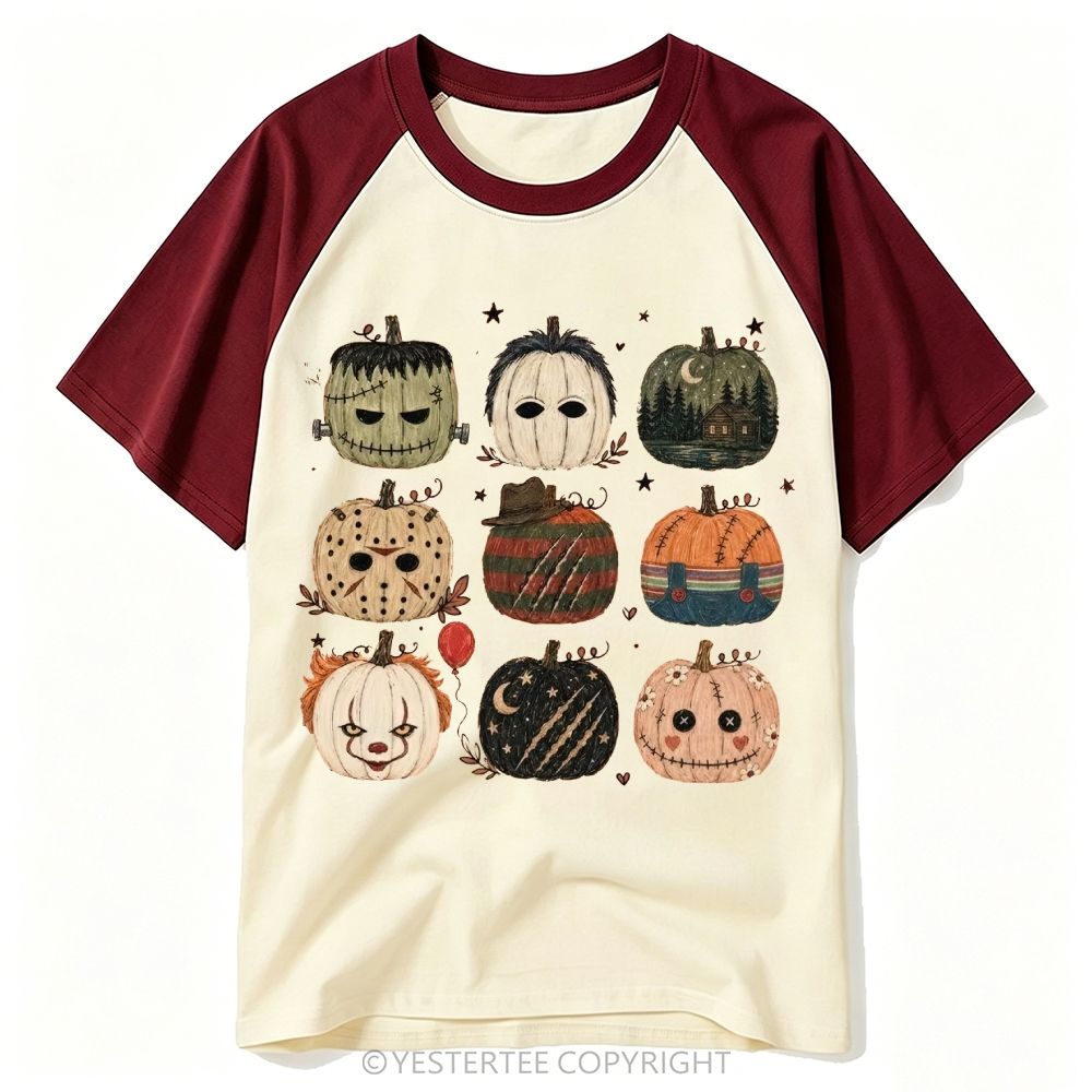 Horror Pumpkin Grid Art Burgundy Baseball T-shirt