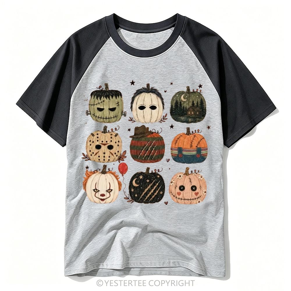 Horror Pumpkin Grid Art Burgundy Baseball T-shirt