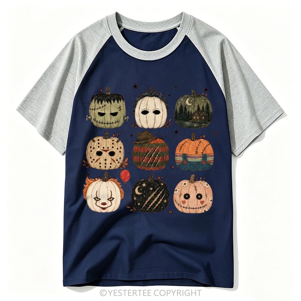 Horror Pumpkin Grid Art Burgundy Baseball T-shirt