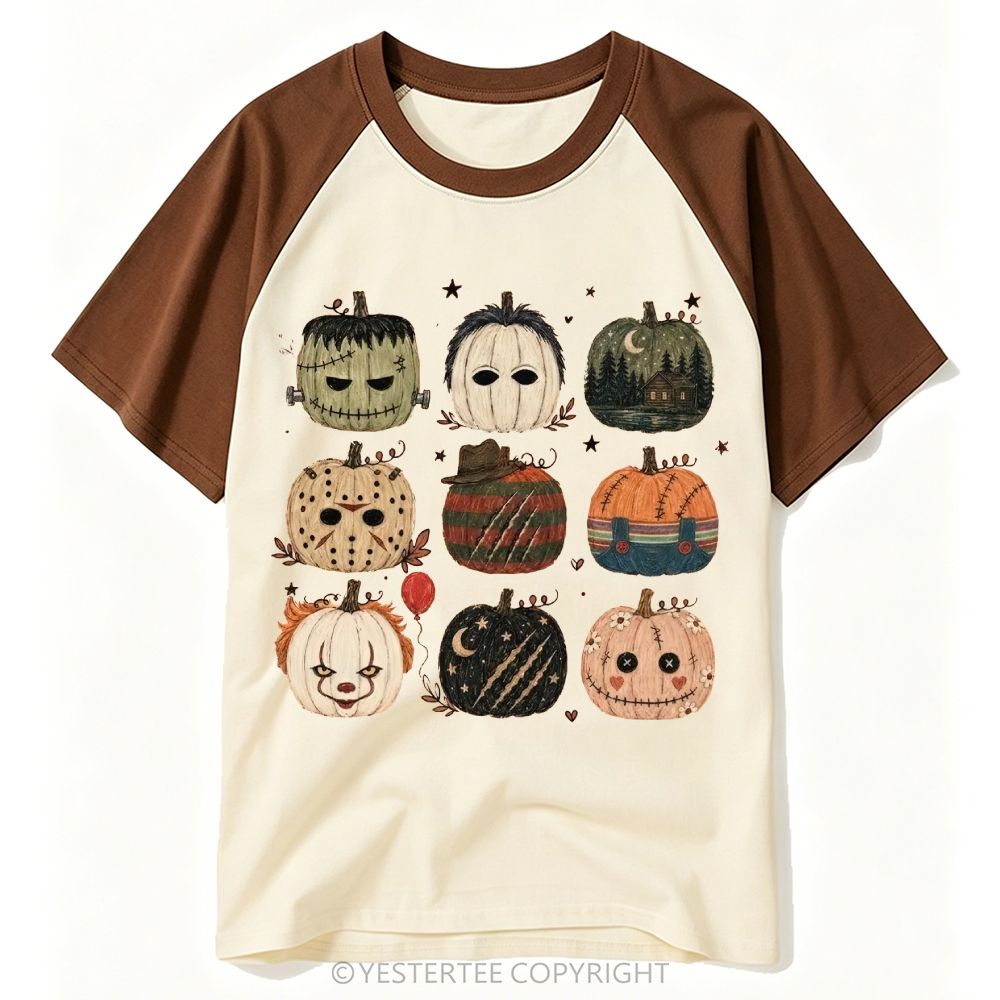 Horror Pumpkin Grid Art Burgundy Baseball T-shirt