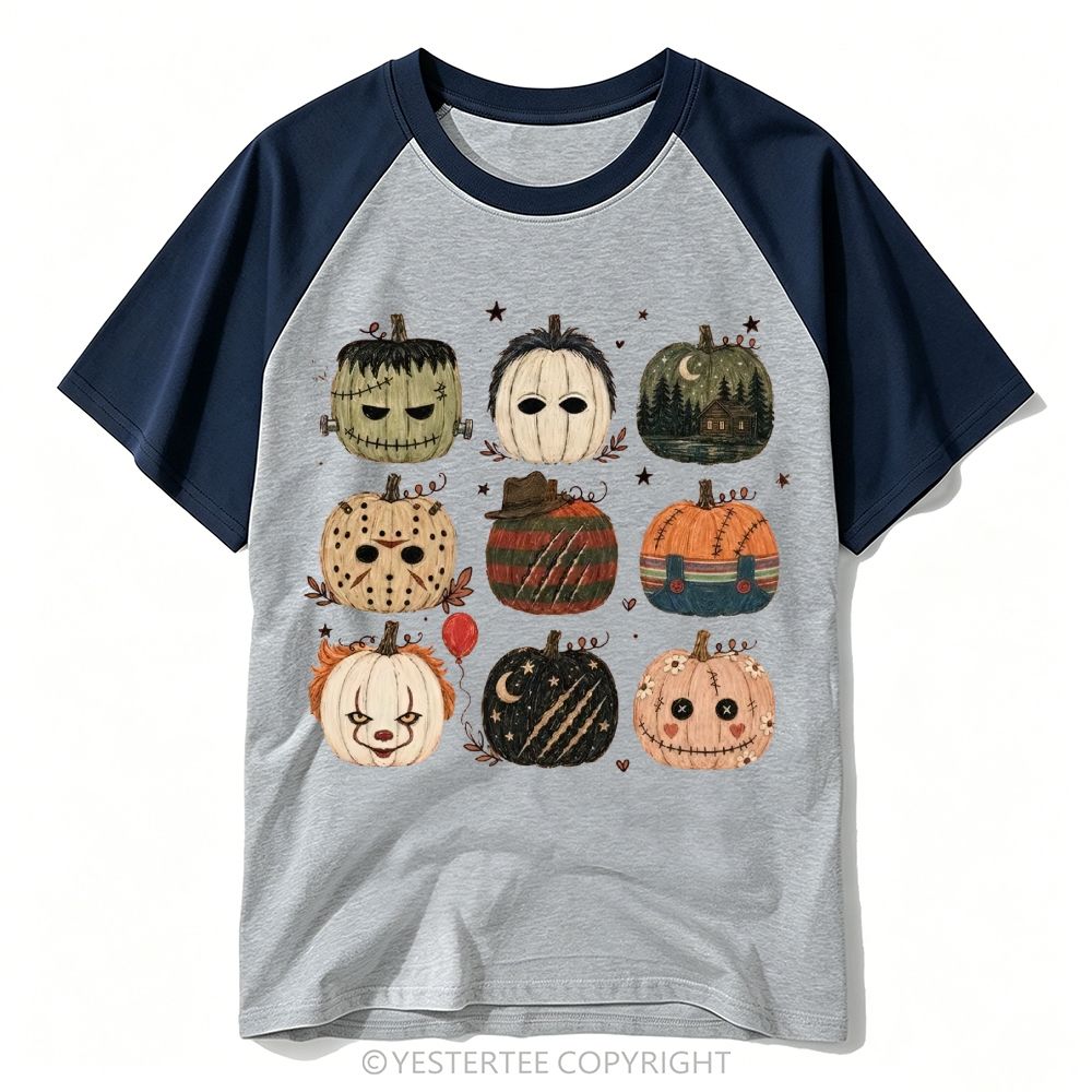 Horror Pumpkin Grid Art Burgundy Baseball T-shirt