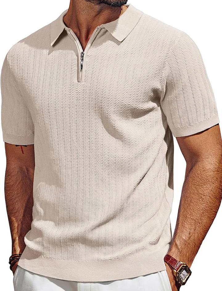 🎉Men's Polo Shirts Quarter Zip Textured Knit Shirts Summer Shirt