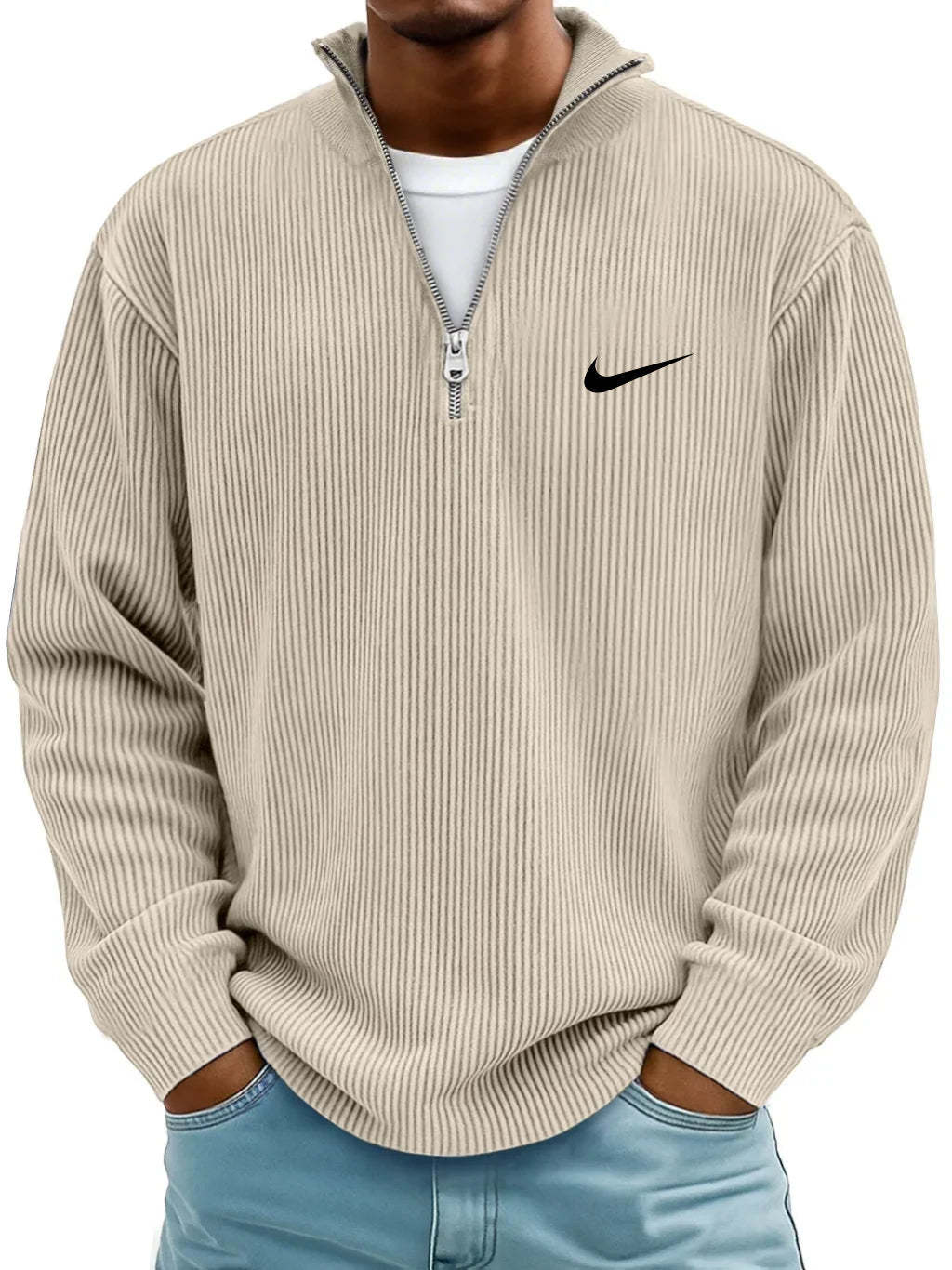 Men's Simple Casual Ribbed Stand Collar Zipper Long Sleeve T-shirt