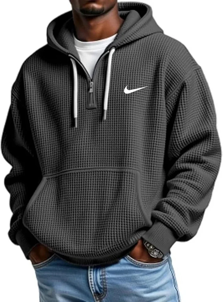 Men's Casual Solid Waffle Zipper Long Sleeve Hooded Sweatshirt