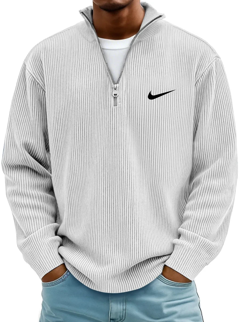 Men's Simple Casual Ribbed Stand Collar Zipper Long Sleeve T-shirt
