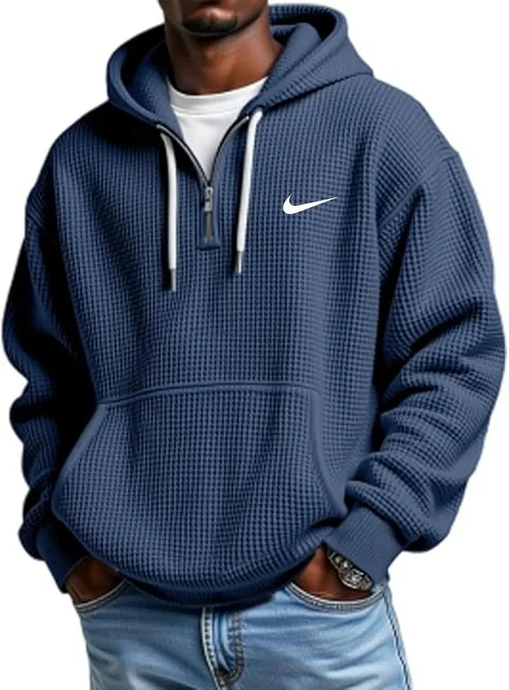 Men's Casual Solid Waffle Zipper Long Sleeve Hooded Sweatshirt