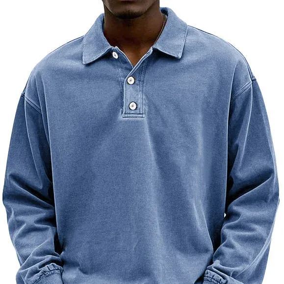 🌈Men's Fashion Retro Washed Distressed Cotton Lapel Long Sleeve Polo Shirt