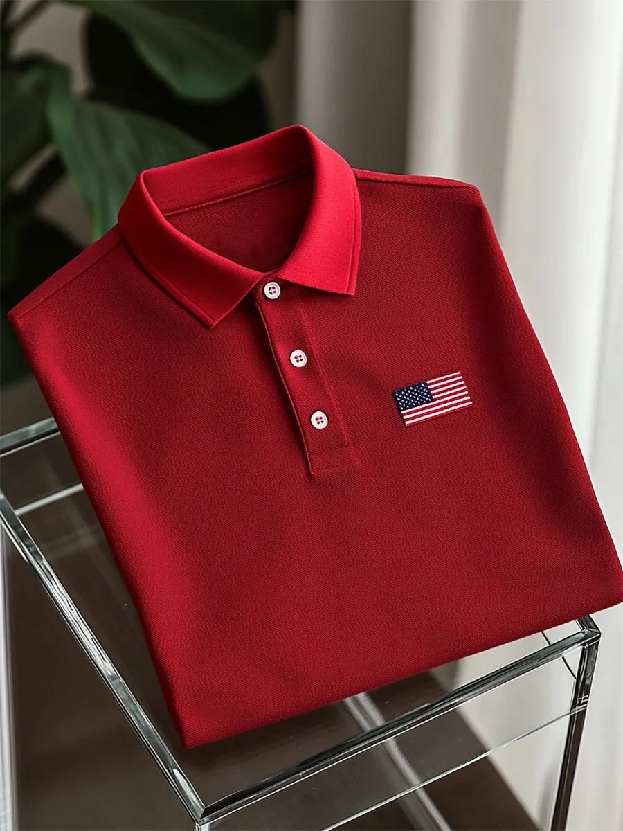 Men's Business Casual Striped Independence Day Button Short Sleeve Polo Shirt