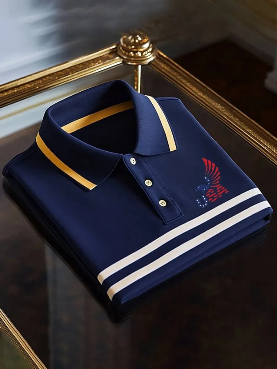 Men's Business Casual Striped Independence Day Button Short Sleeve Polo Shirt