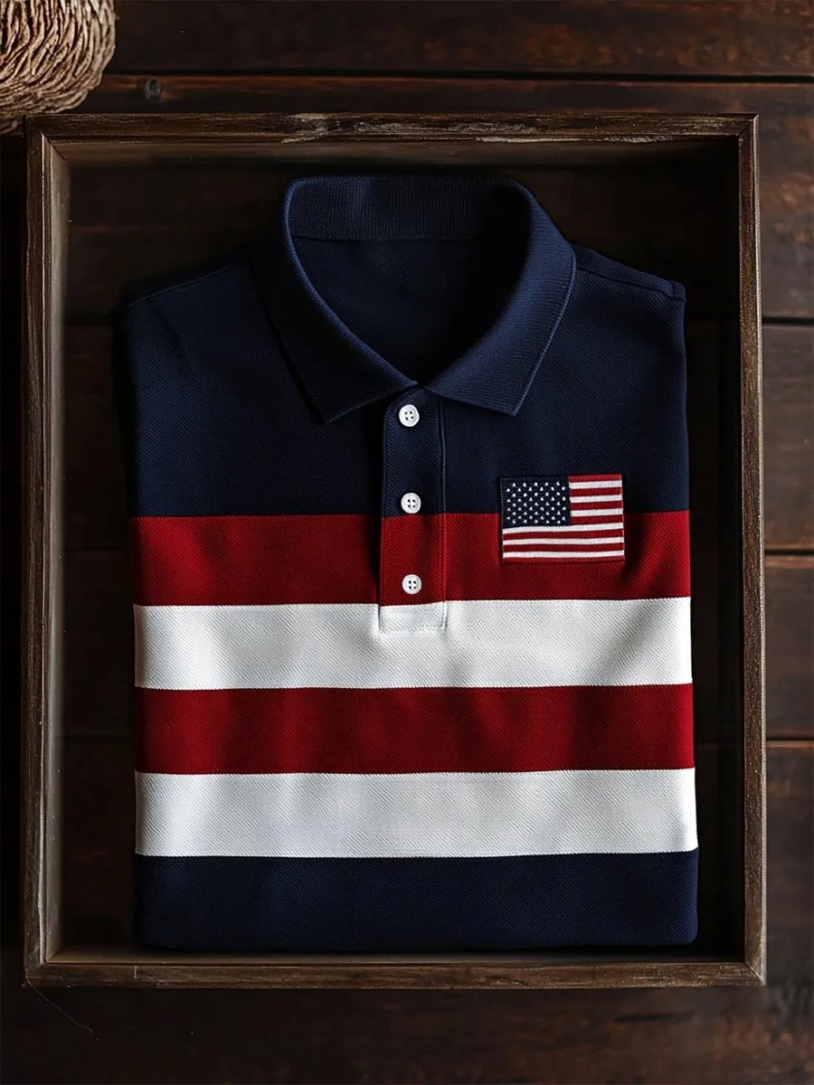 Men's Business Casual Striped Independence Day Button Short Sleeve Polo Shirt