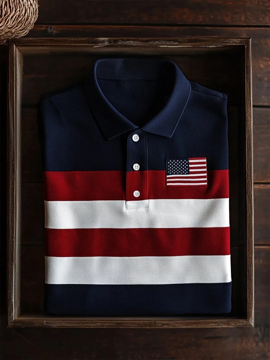 Men's Business Casual Striped Independence Day Button Short Sleeve Polo Shirt