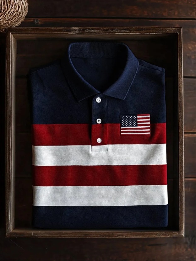 Men's Business Casual Striped Independence Day Button Short Sleeve Polo Shirt