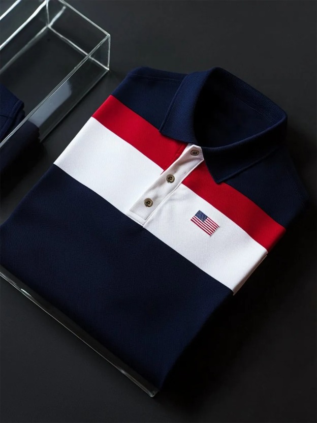 Men's Business Casual Striped Independence Day Button Short Sleeve Polo Shirt