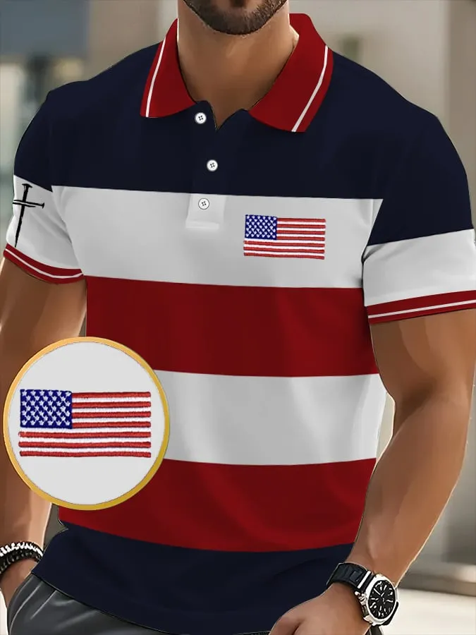 [Copy]99Men's Business Casual Striped Independence Day Button Short Sleeve Polo Shirt