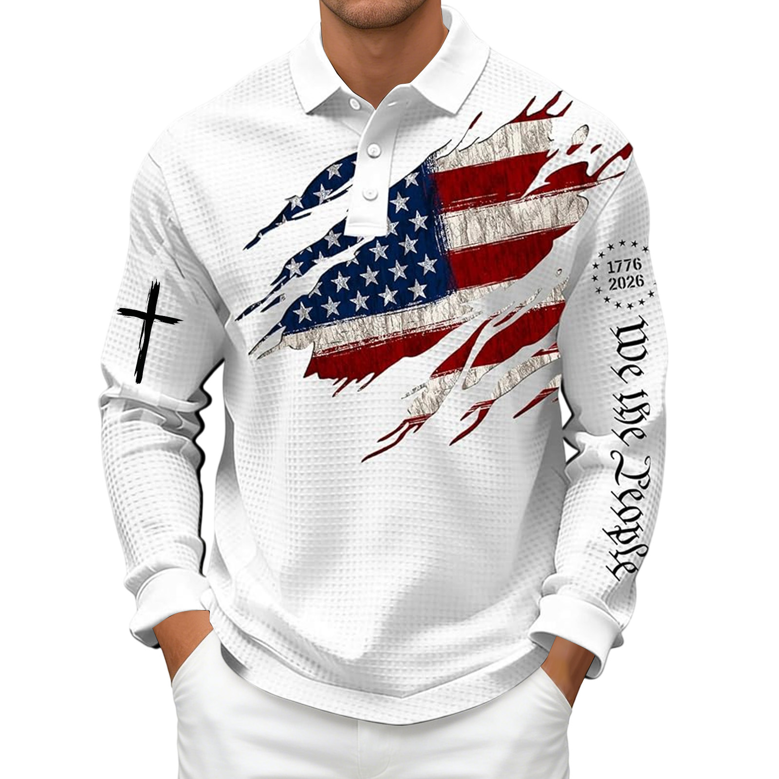 Men's 250th Anniversary National Flag Print Casual Waffle Fabric Polo Shirt