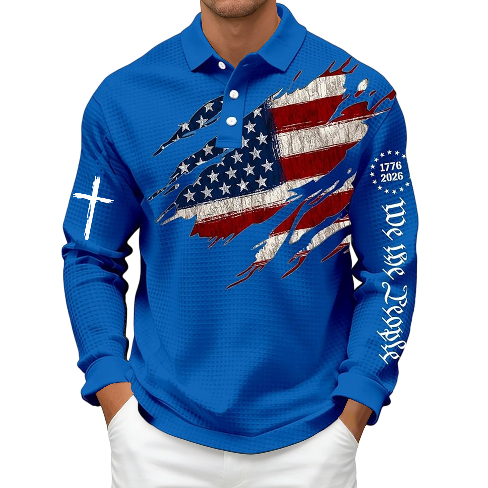 Men's 250th Anniversary National Flag Print Casual Waffle Fabric Polo Shirt