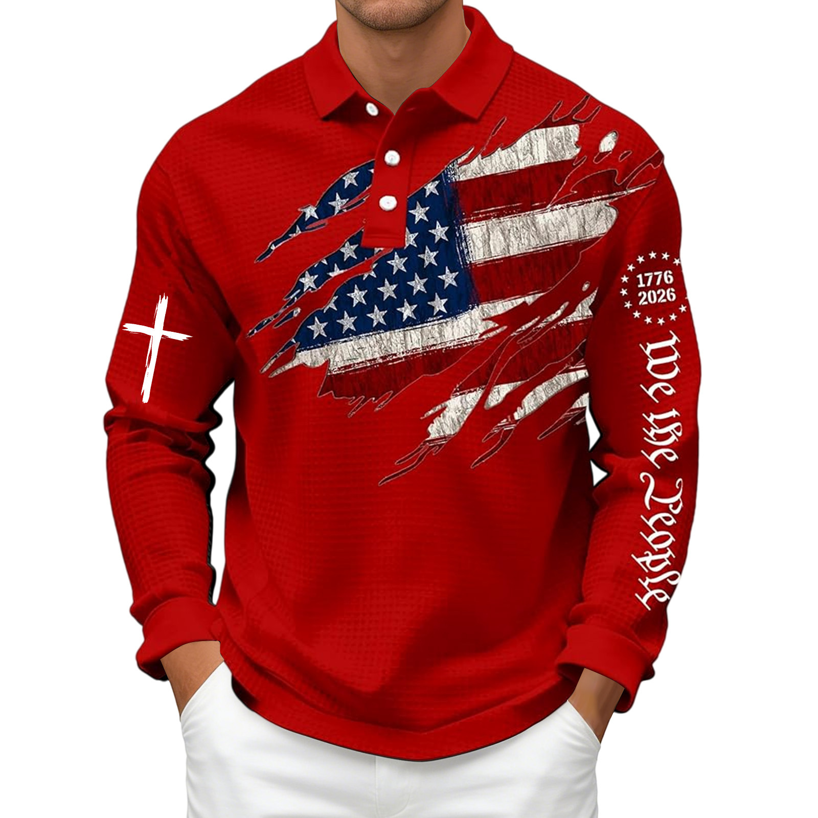Men's 250th Anniversary National Flag Print Casual Waffle Fabric Polo Shirt