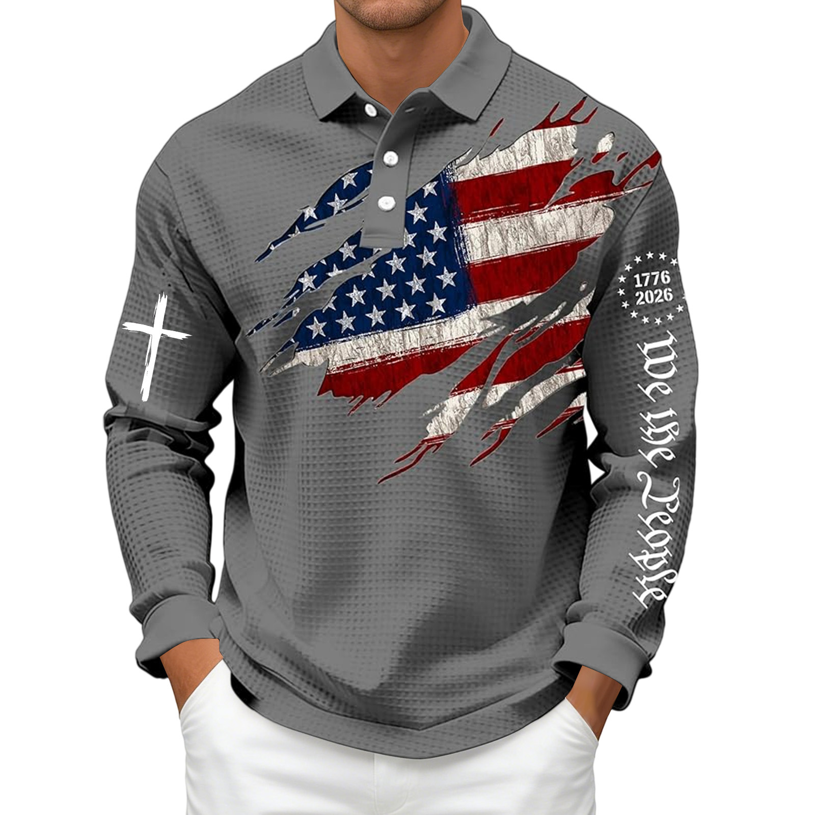 Men's 250th Anniversary National Flag Print Casual Waffle Fabric Polo Shirt
