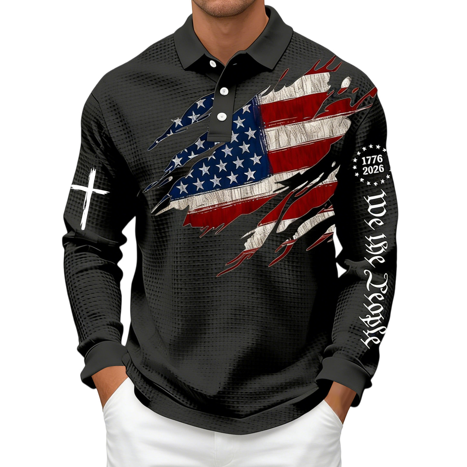 Men's 250th Anniversary National Flag Print Casual Waffle Fabric Polo Shirt