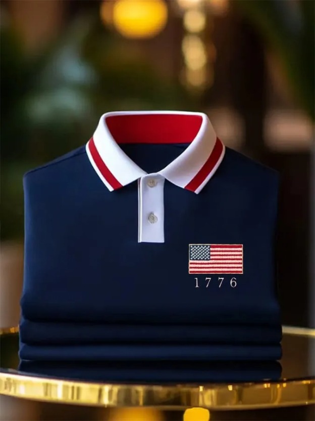 Men's Business Casual Striped Independence Day Button Short Sleeve Polo Shirt
