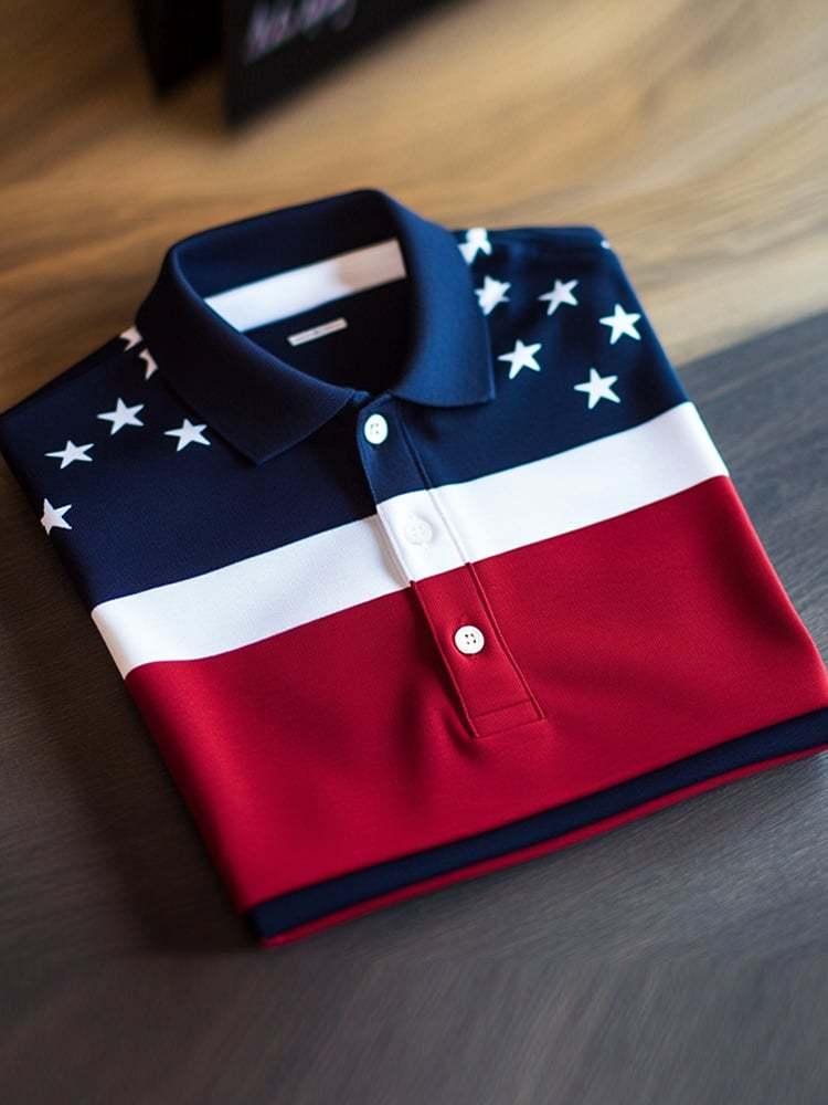 Men's Business Casual Flag Button Short Sleeve Polo Shirt